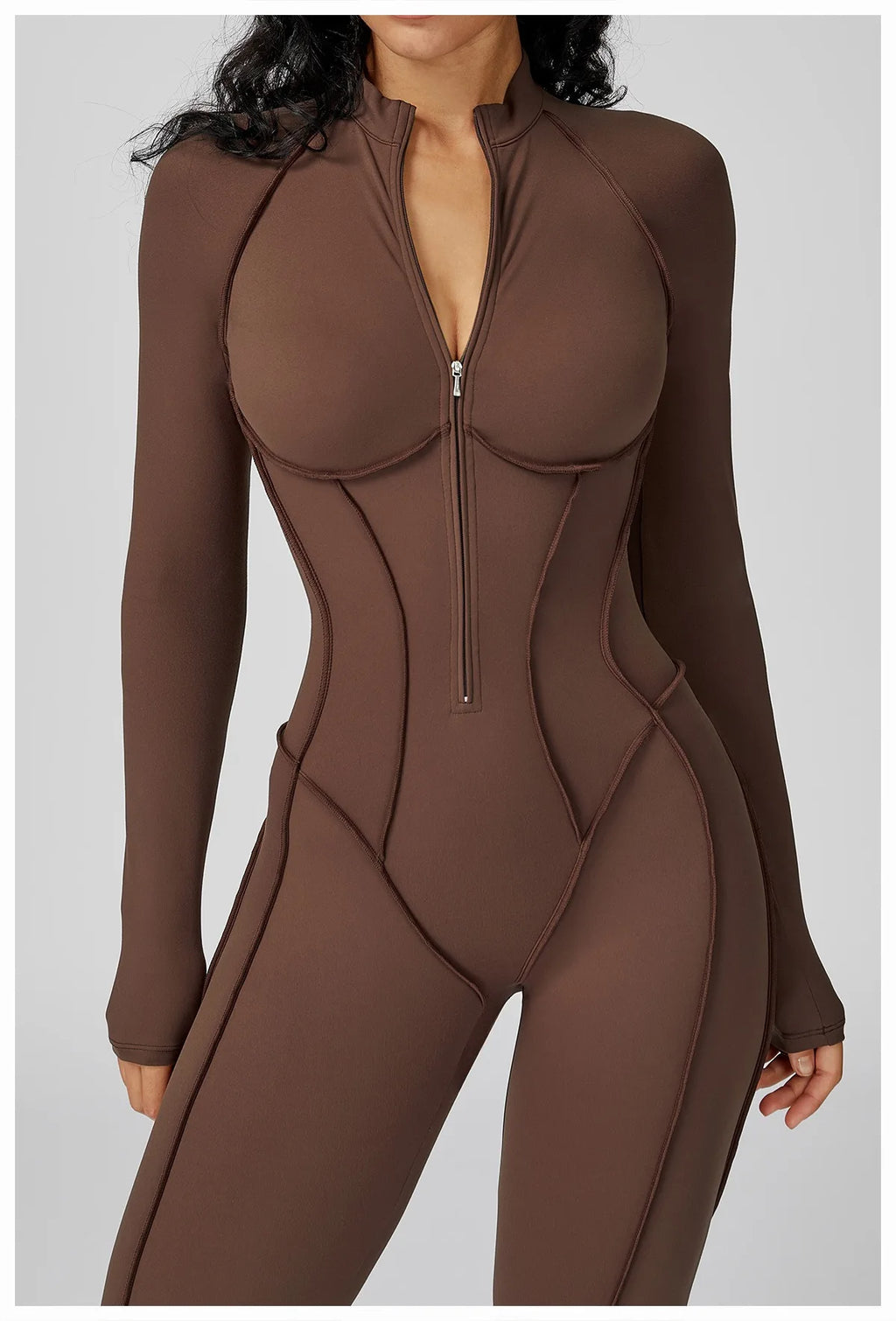 Brown bodysuit with a high neckline and zipper on a white background