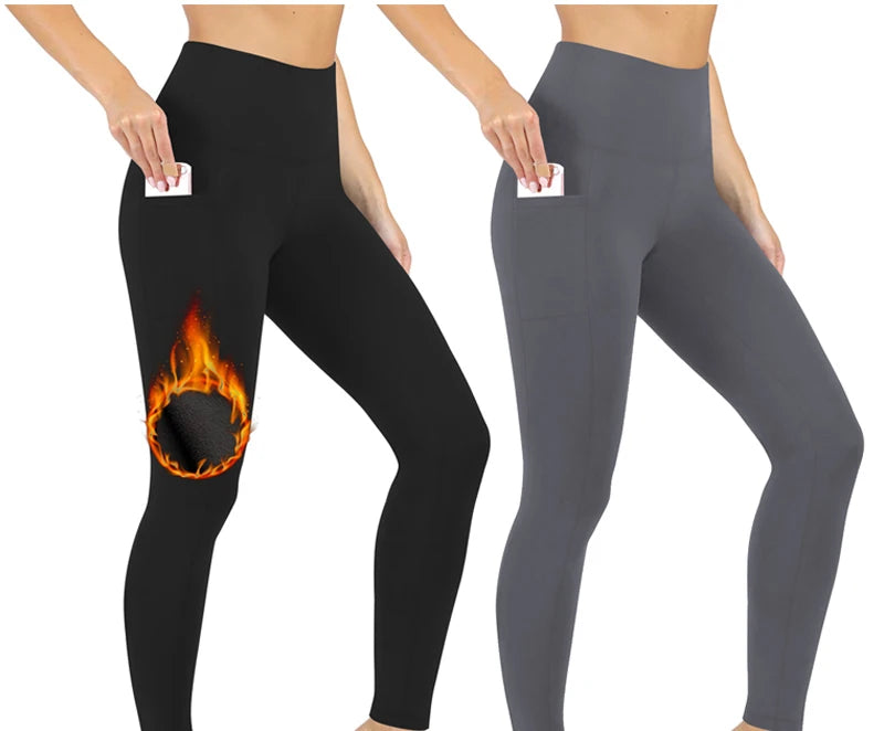 Black and gray leggings with pocket designs on a white background