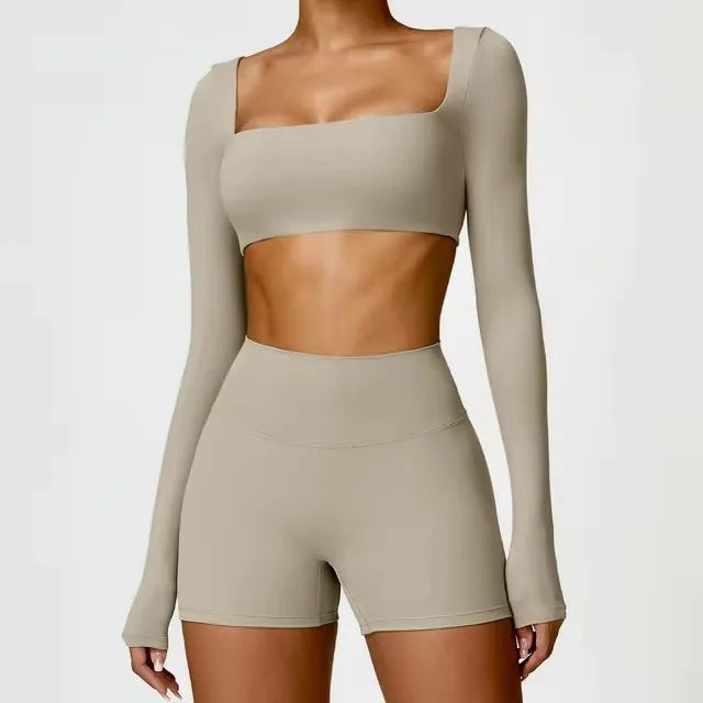 2-Piece Set – Long Sleeve Crop Top or Bra & Shorts