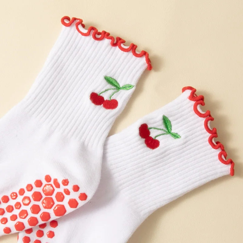 Cherry Embroidered Pilates Grip Socks