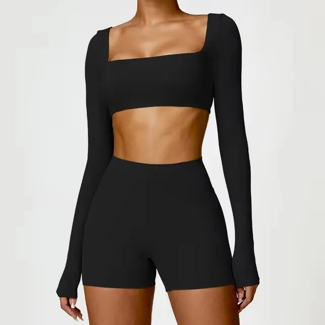 2-Piece Set – Long Sleeve Crop Top or Bra & Shorts