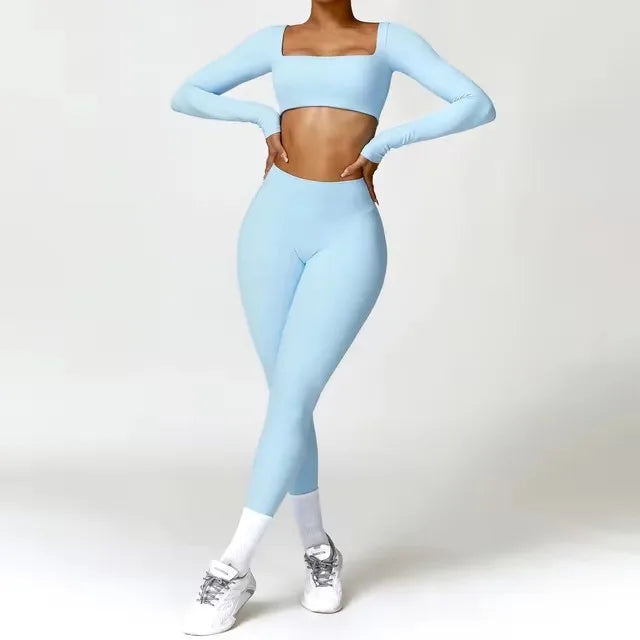 2-Piece Set – Long Sleeve Crop Top or Bra & High-Waist Scrunch Leggings