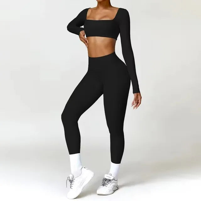 2-Piece Set – Long Sleeve Crop Top or Bra & High-Waist Scrunch Leggings