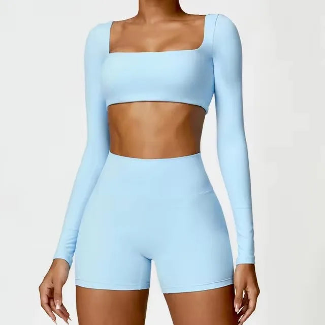 2-Piece Set – Long Sleeve Crop Top or Bra & Shorts