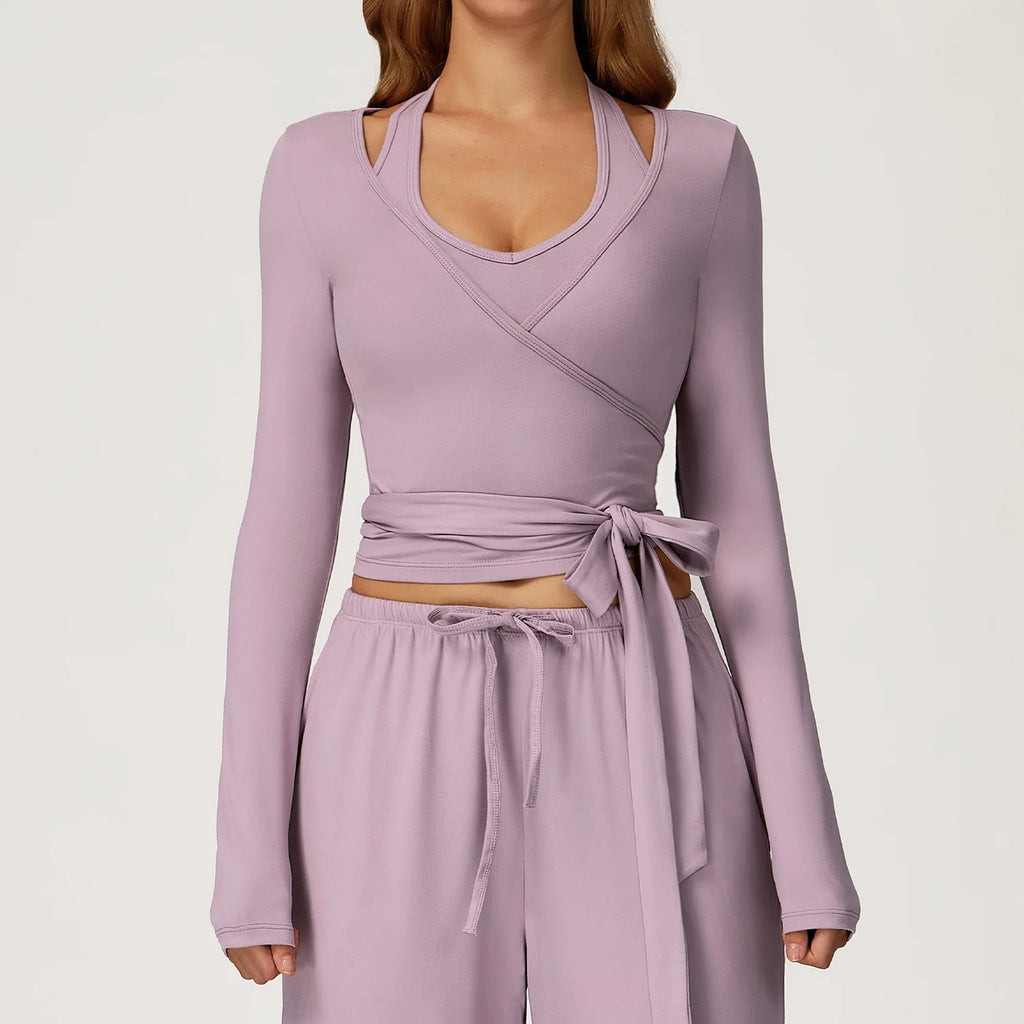 Gray Purple long-sleeve ballet wrap top and pants set on a plain background