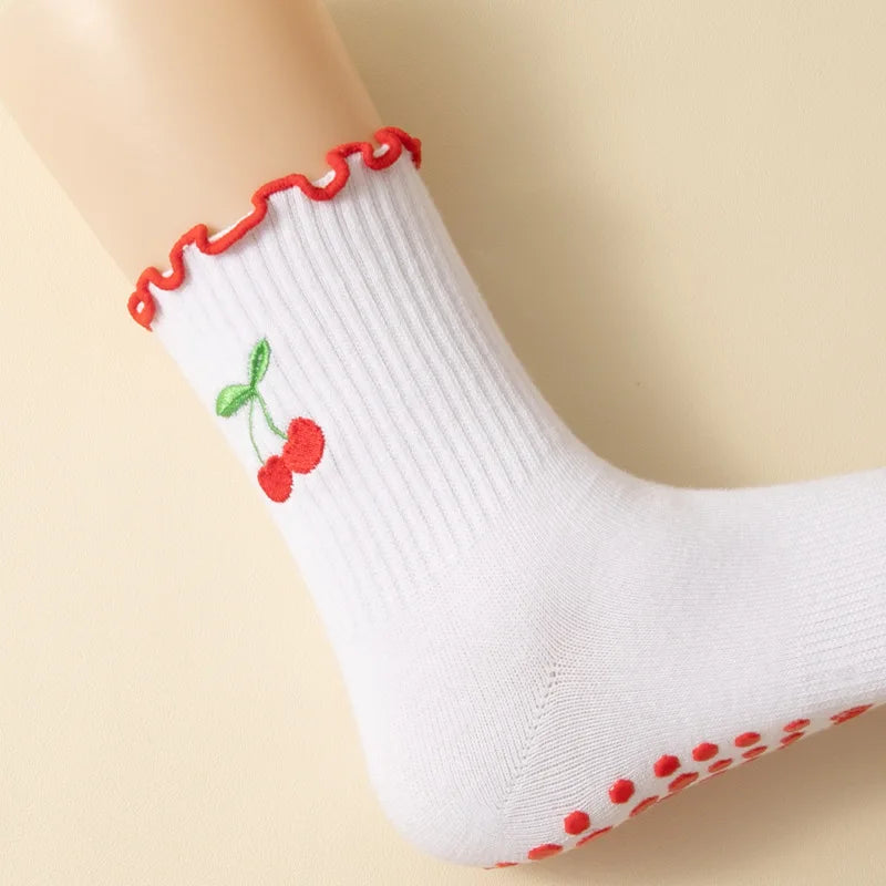 Cherry Embroidered Pilates Grip Socks