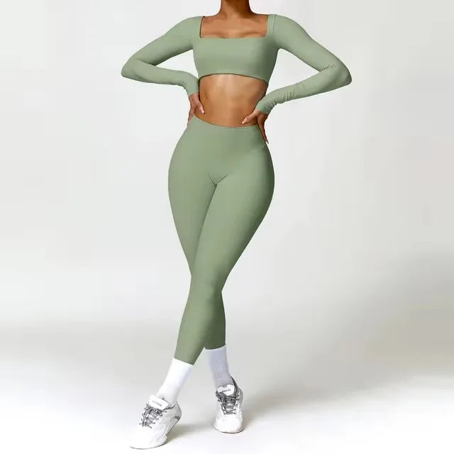 2-Piece Set – Long Sleeve Crop Top or Bra & High-Waist Scrunch Leggings