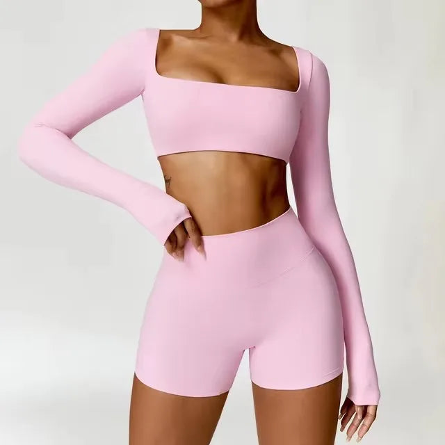 2-Piece Set – Long Sleeve Crop Top or Bra & Shorts