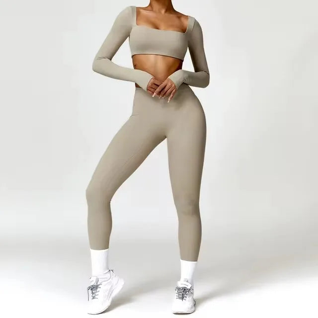 2-Piece Set – Long Sleeve Crop Top or Bra & High-Waist Scrunch Leggings