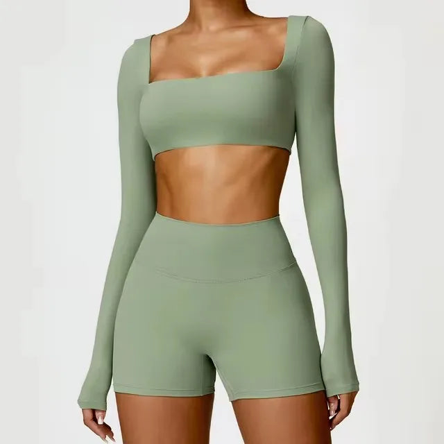 2-Piece Set – Long Sleeve Crop Top or Bra & Shorts